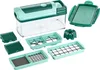 A set of kitchen chopping tools, including a main chopping unit, a collection container, and various interchangeable blades and inserts, laid out on a white background. Voir les images du produit