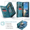 A collage of images showcasing a teal leather wallet phone case with multiple card slots and a zippered compartment, along with a phone inserted into the case. Produktbild-Vorschau