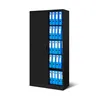 A black metal filing cabinet with sliding doors, filled with blue binders, shown against a white background. Voir les images du produit