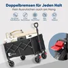 A black foldable wagon filled with items, shown with feature callouts at the top. Produktbild-Vorschau
