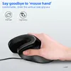 A hand holding a vertical mouse, with text and icons above. Produktbild-Vorschau