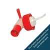 Close-up of a dispensing tap with a red handle and red cap, attached to a white tube. Produktbild-Vorschau