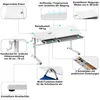 A diagram illustrating the features of a white adjustable children's desk. Produktbild-Vorschau