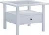 A white side table with a glass top and a single drawer is shown against a white background. Produktbild-Vorschau