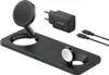 A black 3-in-1 wireless charging station with a detachable magnetic charger, a charging pad for a phone, and a charging spot for a smartwatch. It also includes a black Anker power adapter and two USB-C cables. Produktbild-Vorschau