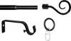 A set of curtain rod accessories including a rod section, a decorative finial, and a bracket, and a curtain ring with clip. Produktbild-Vorschau
