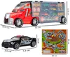 A toy transporter truck with smaller toy cars inside, a toy police car, and a toy race track. Voir les images du produit