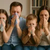 A family of four is sitting on a couch and blowing their noses into handkerchiefs. Produktbild-Vorschau