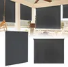 Multiple views of dark gray roller blinds, some installed on a porch or patio. Voir les images du produit