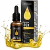 A bottle of Skoczylas ADEK vitamin drops with its packaging, surrounded by a splash of oil. Voir les images du produit