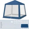 A blue gazebo tent with mesh sides, shown with its components laid out below. Produktbild-Vorschau