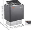 A VEVOR sauna heater and its digital controller are shown against a white background, with dimensions indicated by text overlays. Anteprima dell’immagine prodotto