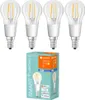 Four LED smart filament light bulbs and their packaging are displayed against a white background. Produktbild-Vorschau