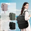 A collage of travel backpacks with a woman modeling a black backpack. Podgląd zdjęcia produktu