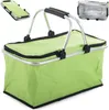 A green collapsible shopping and picnic basket with silver handles is shown against a white background. Inset images show the basket folded and its interior. Náhled obrázku produktu
