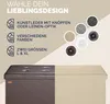 A collage showing different design options and two halves of a storage bench. The left half is brown faux leather with button tufting, and the right half is beige fabric. Text describes design choices and sizes. Anteprima dell’immagine prodotto
