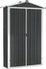 A dark gray metal shed with silver trim and double doors, presented against a white background. Produktbild-Vorschau