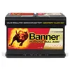 A black car battery with a red and yellow label featuring a bull graphic and brand name. Produktbild-Vorschau