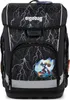 A black school backpack with a lightning bolt pattern and a character patch. Produktbild-Vorschau
