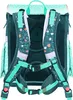 The back view of a school backpack with floral and polka dot patterns. Voir les images du produit