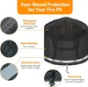 A black fire pit cover is shown with callouts highlighting its features. Produktbild-Vorschau