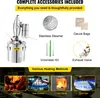 Collage showing a distillation apparatus and its accessories, along with various heating methods. Náhled obrázku produktu
