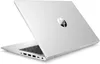 A silver HP laptop is shown from a diagonal rear-view angle, with the lid partially open, revealing the keyboard. Voir les images du produit