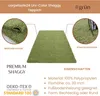 A green shaggy rug is shown with close-up views of its texture and details, along with descriptive text about its features. Podgląd zdjęcia produktu