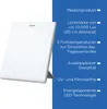 A white daylight lamp with a stand is shown next to a blue panel with product features listed in German. Podgląd zdjęcia produktu