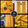 A collage of images showcasing yellow velvet curtains, including close-ups of the fabric and grommets, and a lifestyle shot of curtains hanging in a window. Produktbild-Vorschau