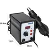 A black hot air soldering station with a digital display and controls is shown against a white background. Dimensions are indicated with white lines and text. Produktbild-Vorschau