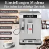 A coffee machine with various settings listed on the left side, and a cup of coffee in the foreground. Produktbild-Vorschau