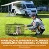 A woman is crouching next to a dog crate with a dog inside, in front of a camper van. Podgląd zdjęcia produktu