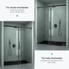 A split image showing a shower enclosure installed in two different configurations, with text describing the installation options. Produktbild-Vorschau