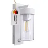 A white outdoor wall light with a clear glass cylinder and a motion sensor. Produktbild-Vorschau
