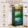 A narrow, multi-tiered storage cart with shelves of varying heights, placed in a kitchen setting between cabinets and a refrigerator. The shelves are colored gold, green, and blue, and contain various food items like jars, bottles, and cans. Podgląd zdjęcia produktu