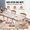 A dining table set with placemats and chairs, with inset images showing the product being cleaned and tested for water resistance. Podgląd zdjęcia produktu