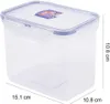 A clear, studio shot of a transparent food storage container with blue accents and dimensions indicated. Produktbild-Vorschau