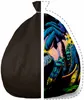 A split image showing a black bean bag on the left and a colorful illustration of an elephant and palm trees on the right, suggesting the bean bag has a printed cover. Voir les images du produit