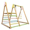 A wooden Montessori climbing set with a slide, swing, and climbing ramp, featuring colorful rungs. Produktbild-Vorschau