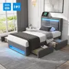 A modern gray bed with LED lighting and storage drawers. Produktbild-Vorschau