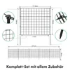 Diagrams and close-ups of a metal grid fence set with dimensions and accessories. Produktbild-Vorschau