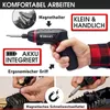 A hand holding a cordless screwdriver, with various features highlighted by text overlays and inset images. Produktbild-Vorschau