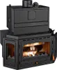 A black wood-burning stove with a glass door showing a fire inside. Voir les images du produit