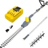 A collection of cordless hedge trimmer components, including a battery, charger, main unit, and extension pole, laid out against a white background. Produktbild-Vorschau