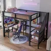 A loft bed with a desk and chair underneath, set up in a bedroom. Produktbild-Vorschau