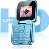 A blue flip phone is shown open, displaying a scenic image on its screen. Large, light blue text overlays the image, indicating the screen size and HD quality. Podgląd zdjęcia produktu
