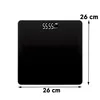 A black digital scale with a display showing weight and temperature, with dimensions indicated. Voir les images du produit