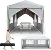 A collage of images showing a gray party tent with tables and benches inside, and a separate image of a white party tent. A person is also shown carrying a tent bag. Náhled obrázku produktu
