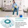 A woman is cleaning a floor with a mop in a living room. A mop head is shown in detail below. Produktbild-Vorschau